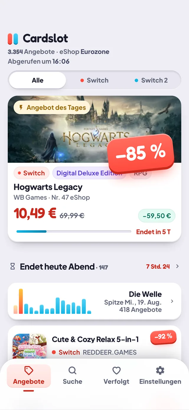 Der Angebote-Tab von Cardslot: das Angebot des Tages mit −85 %, die sortierte Liste und die Welle der nächsten fünfzehn Tage