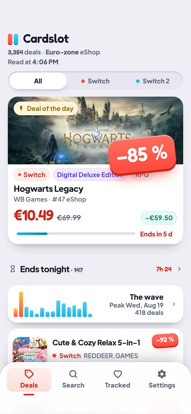 The Deals tab of Cardslot: the deal of the day at −85%, the ranked list, and the wave of the next fifteen days