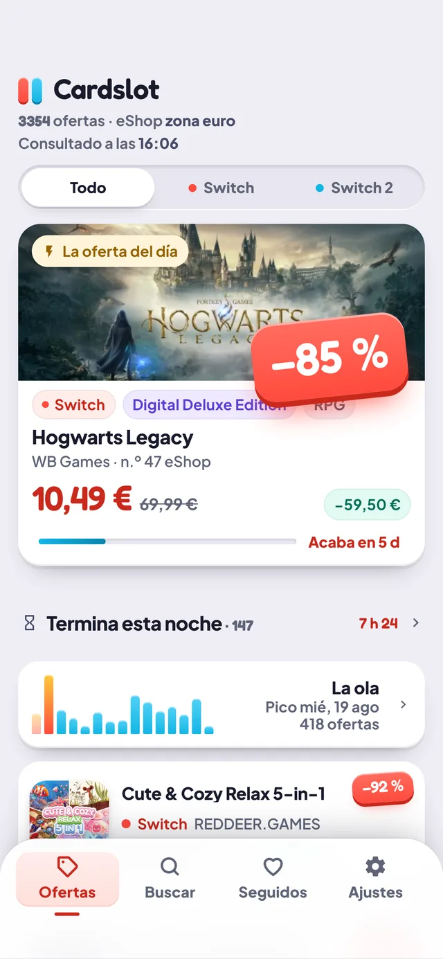 La pestaña Ofertas de Cardslot: la oferta del día al −85 %, la lista ordenada y la ola de los quince próximos días