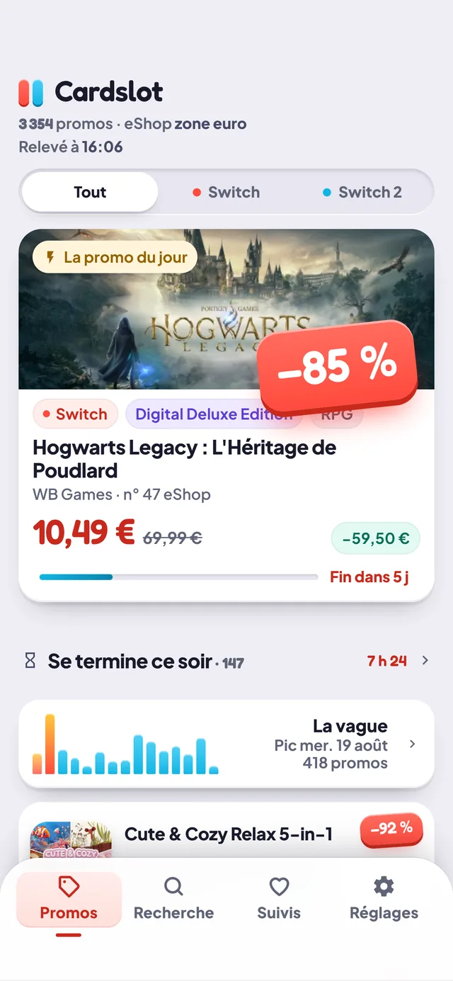 L’onglet Promos de Cardslot : la promo du jour à −85 %, la liste triée, et la vague des quinze prochains jours
