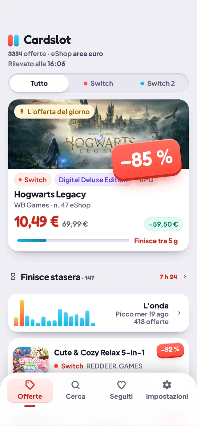 La scheda Offerte di Cardslot: l’offerta del giorno a −85 %, l’elenco ordinato e l’onda dei quindici giorni successivi