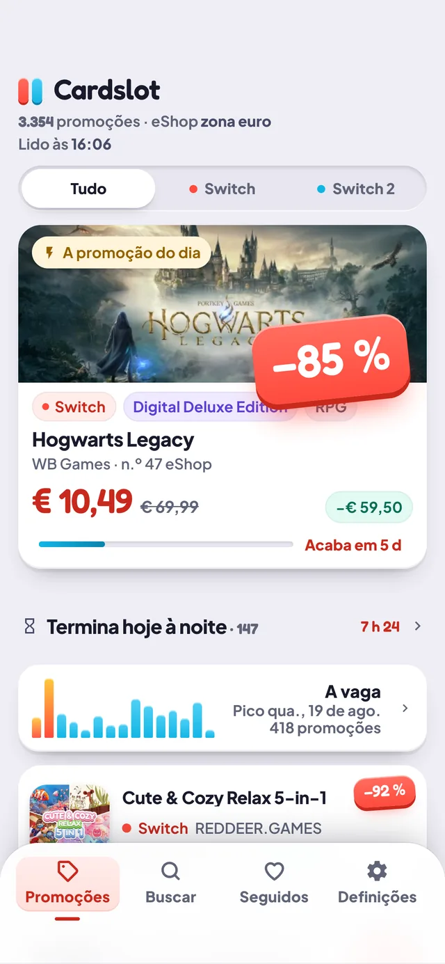 O separador Promoções da Cardslot: a promoção do dia a −85 %, a lista ordenada e a vaga dos próximos quinze dias