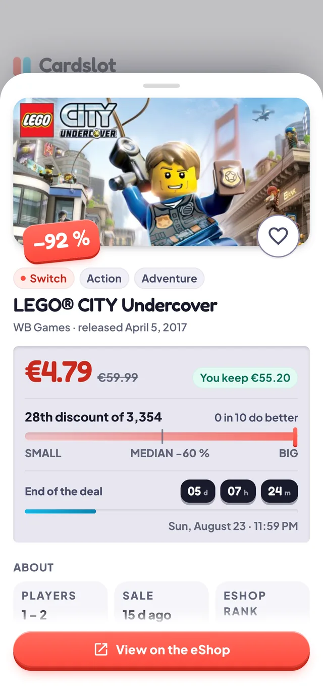 A game page: the discount, the money kept, the rank of the discount and the countdown to the end