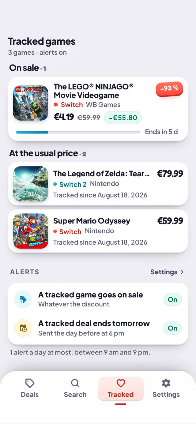The tracked games tab and its two alert settings