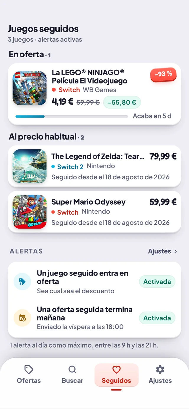 La pestaña de juegos seguidos y sus dos ajustes de aviso
