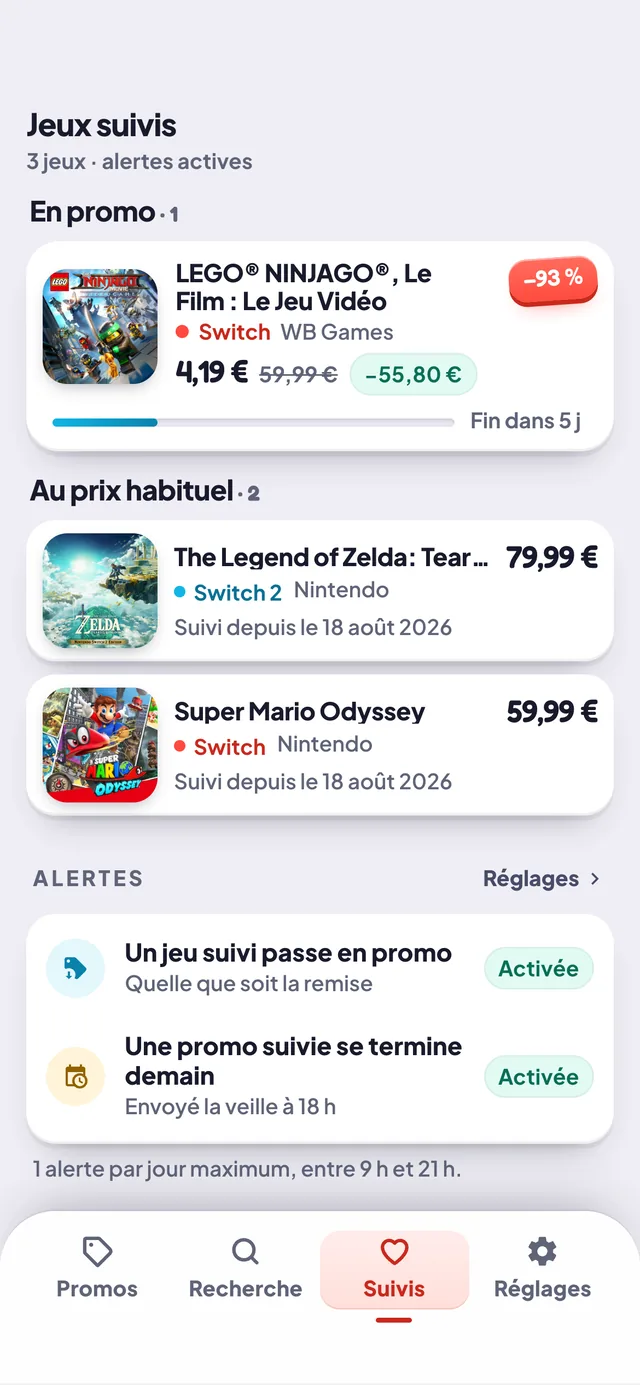 L’onglet des jeux suivis et ses deux réglages d’alerte