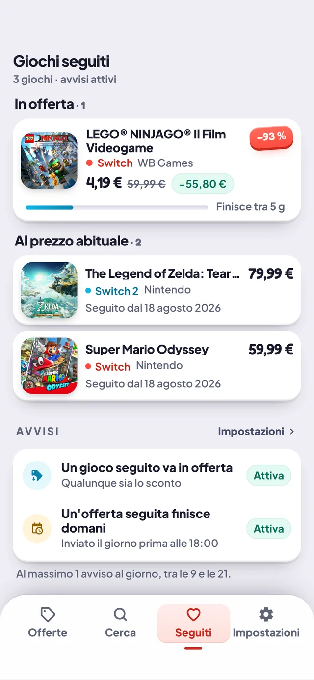 La scheda dei giochi seguiti e le sue due impostazioni di avviso