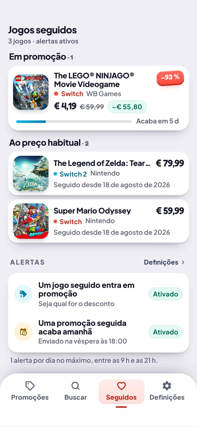 O separador dos jogos seguidos e as suas duas definições de alerta